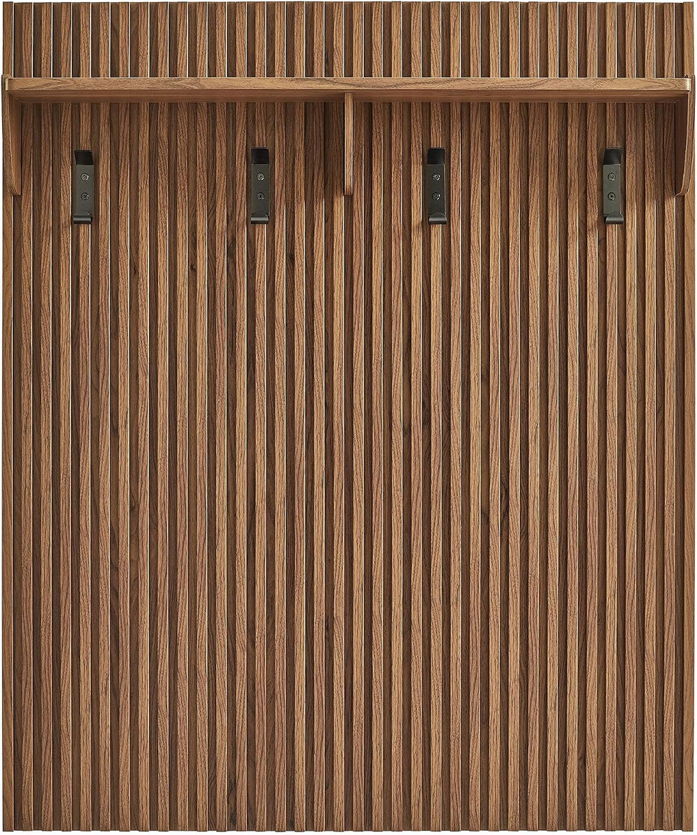 Modway Render Modern Fluted Wood Coat Rack Panel in Walnut with Shelf and Hoo...