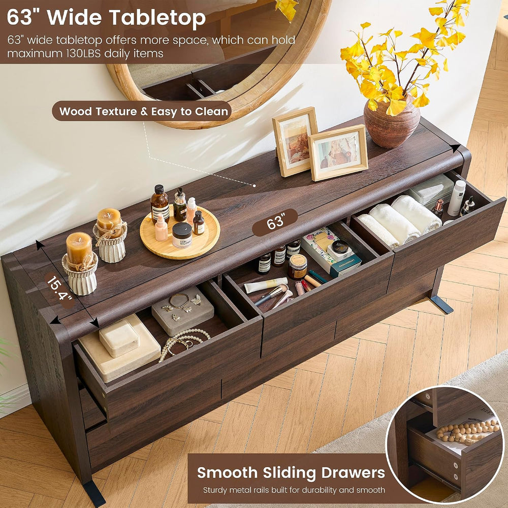 63” Wide Dresser for Bedroom, 9 Drawer Dresser, Walnut Dresser, Rounded Corne...