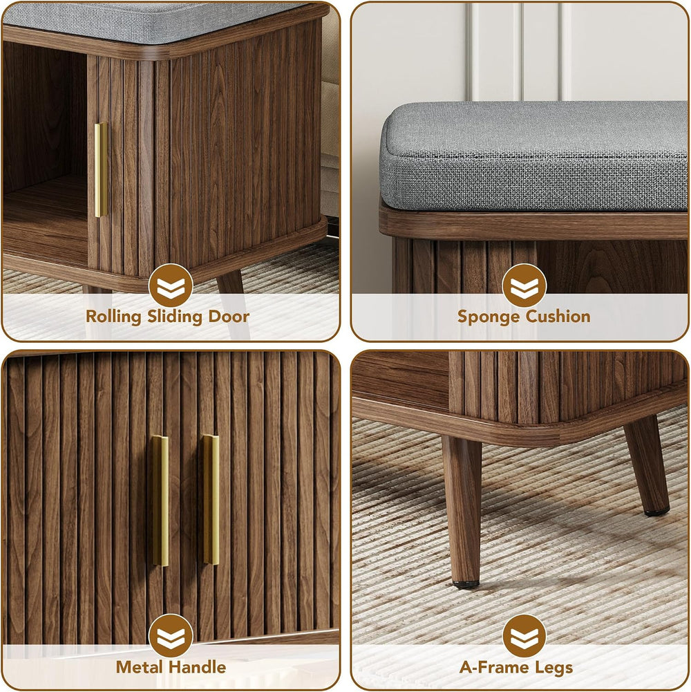 Decofy Shoe Storage Bench with Cushion and Sliding Doors, 39 Inch Shoe Bench ...