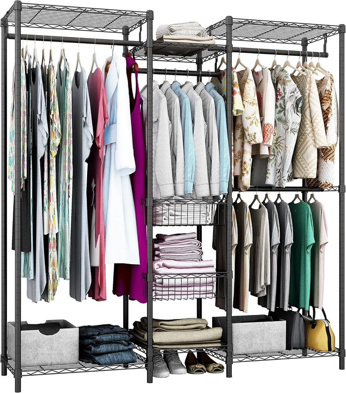Xiofio Freestanding Heavy Duty Clothes Rack, Wire Clothing Rack with Hanging Rod,Adjustable Shelves & 2 Slid Fixed Baskets,60.7" L x 15.7" W x 75.6" H Max Load 720LBS,Black.