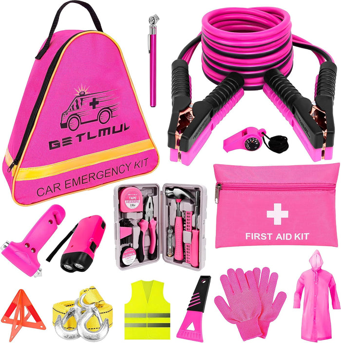 Pink Car Emergency Kit, Premium Roadside Emergency Car Accessories Kit with Jumper Cables, Flashlight, Shovel, Toolbox Set, etc Car Accessories for Women