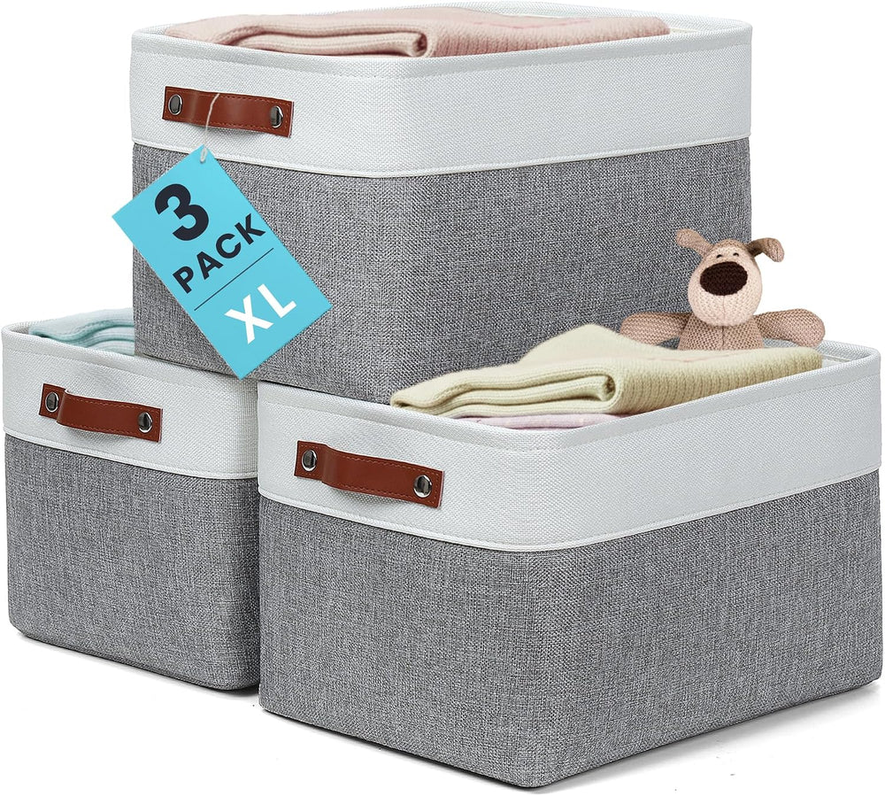 OrganiHaus 16x12.5in Storage Baskets, 3 Pack - Fabric Bins for Shelves