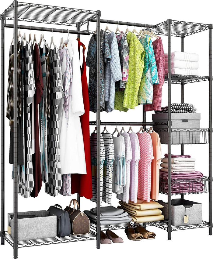 Xiofio 6 Tiers Heavy Duty Garment Rack,Metal Clothing Rack,Clothing Storage Rack,Closet Organizer System Freestanding & Adjustable Wardrobe 60.7" L x 15.7" W x 70.5" H Max Load 720LBS Black