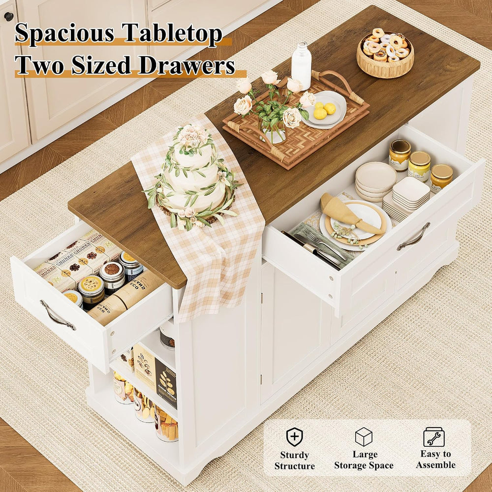 HOSTACK 47" W Kitchen Island Cart with Storage, Rolling Island Table, White