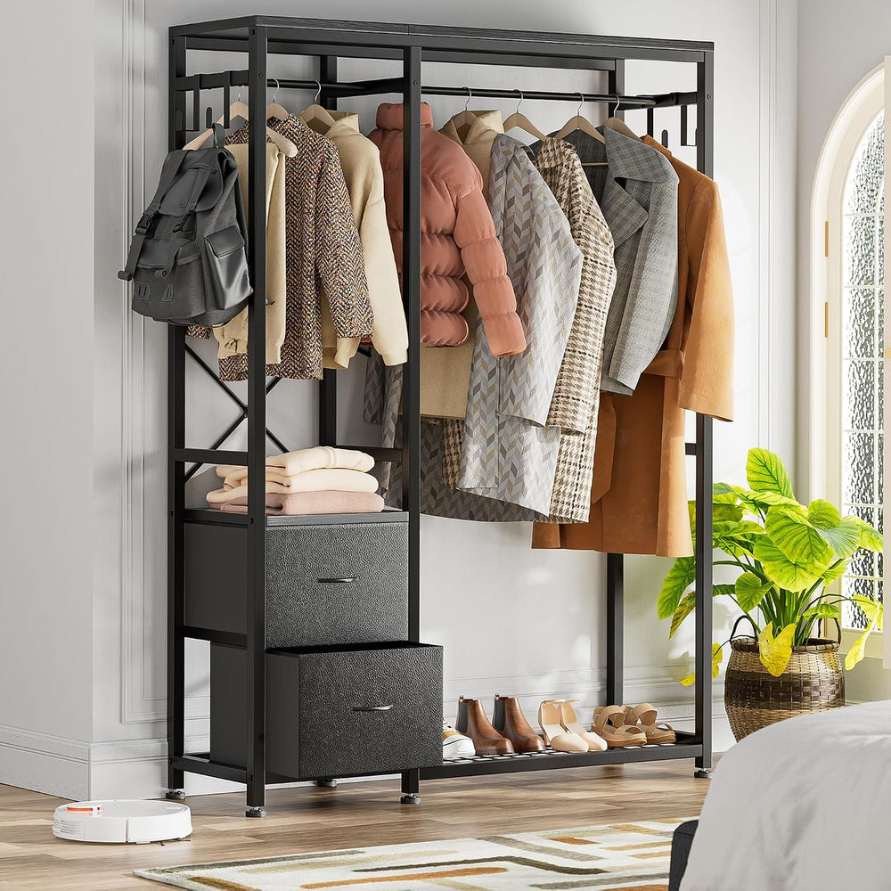 Lulive Clothes Rack with 2 Rods, Shelves, Drawers & Hooks, Garment Rack