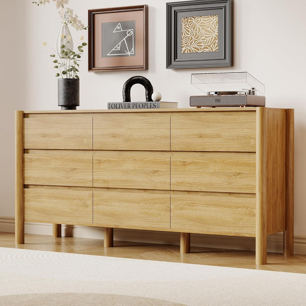 HOUROM Oak Dresser for Bedroom,63" Wide 9 Drawer Mid Century Modern Chest