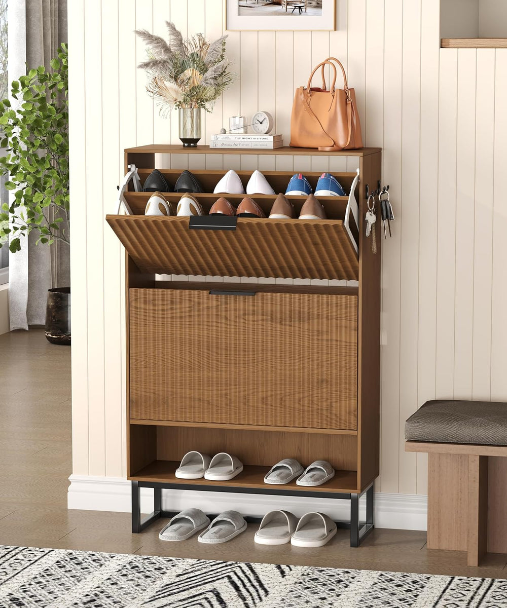 Akxomel Fluted Shoe Storage Cabinet, Narrow Hidden Shoe Rack Cabinet with Met...