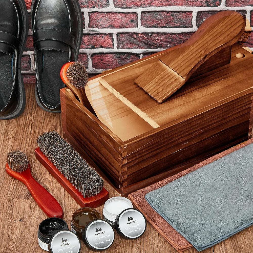 9 Pcs Shoe Shine Valet Box Including 1 Wooden Storage Box, 3 Colors Shoe Crea...