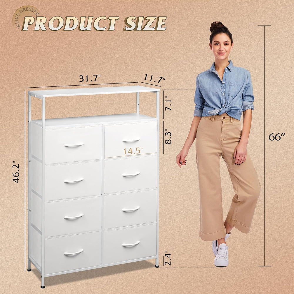WLIVE 8 Drawer White Fabric Dresser Open Shelves,Tall Storage Tower