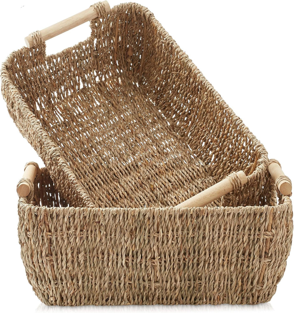 Casafield Set of 2 Seagrass Oval Storage Baskets with Wooden Handles - Large,...