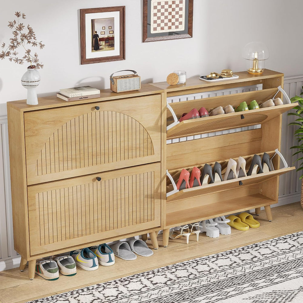 Fsbecl Shoe Storage Cabinet for Entryway with 2 Fluted Flip Drawers, Oak