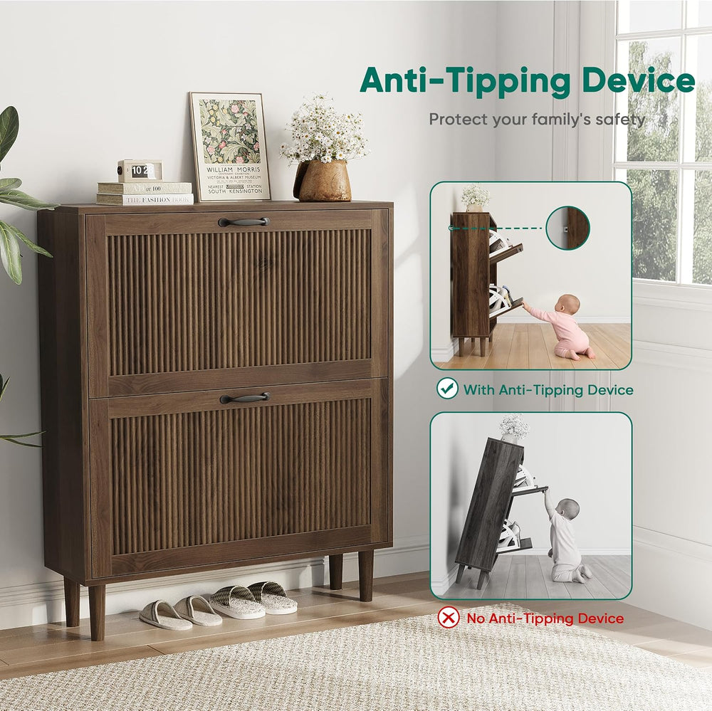 Smuxee Walnut Shoe Cabinet with 2 Flip Drawers, 31.5" Hidden Shoe Storag...
