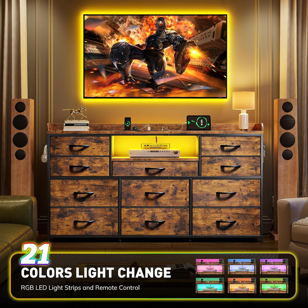 EnHomee LED Dresser for Bedroom with Charging Station,11 Drawers & 4 Hooks