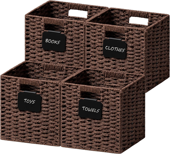 UBBCARE 4 Pack Small Wicker Basket, 9×9 Storage Cubes with Label, Foldable Cube Storage Bin with Handle, Square Storage Basket for Shelves, Woven Paper Rope Basket for Organizing, Dark Brown