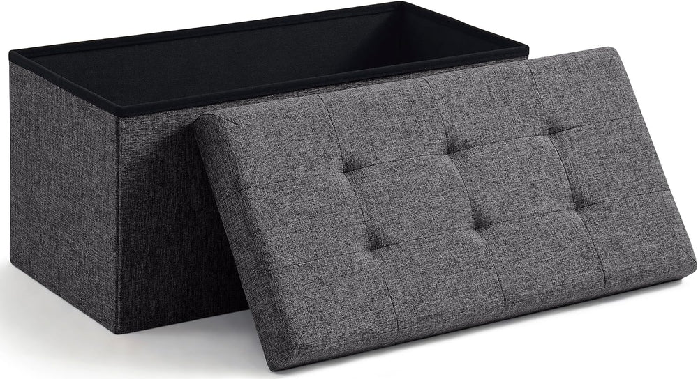 Ornavo Home 30 Inch Folding Storage Ottoman Bench, Tufted Linen, Dark Gray