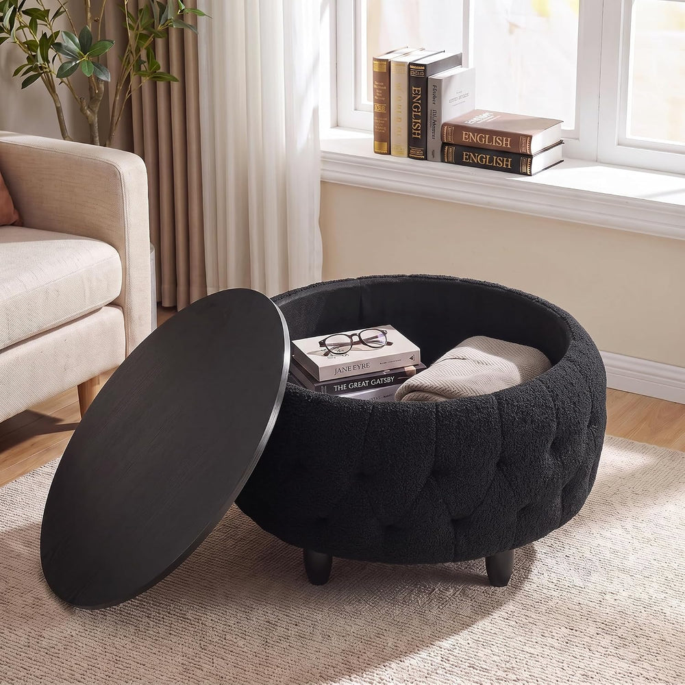 Large Round Storage Ottoman Coffee Table with Wooden Tabletop, 32 Inches Tedd...