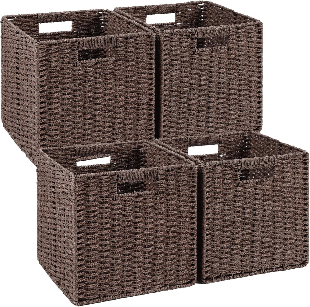 Patvingot 11-Inch Paper Rope Wicker Basket with Built-In Handles,4 Pack
