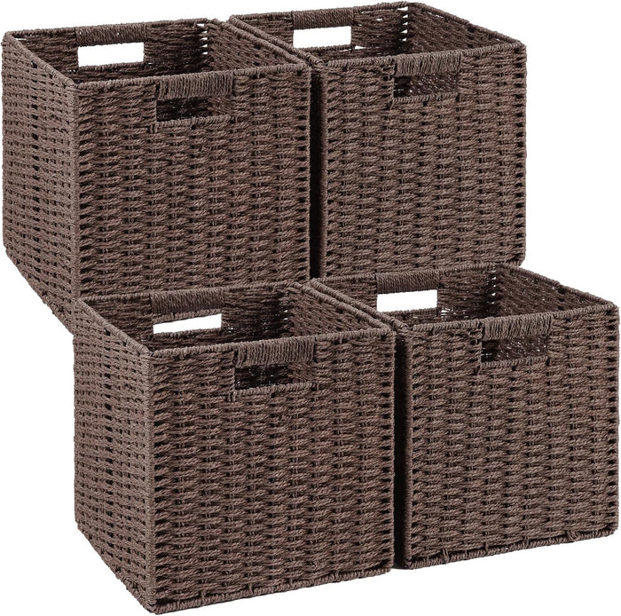 Patvingot 11-Inch Paper Rope Wicker Basket with Built-In Handles,4 Pack