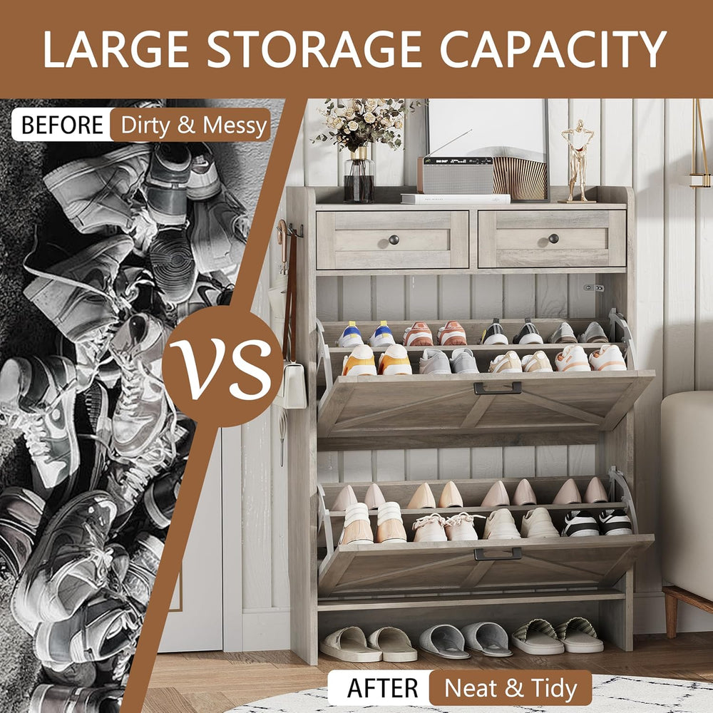 Shoe Cabinet with 2 Flip Drawers & 2 Top Drawers, 43" Tall Freestand...