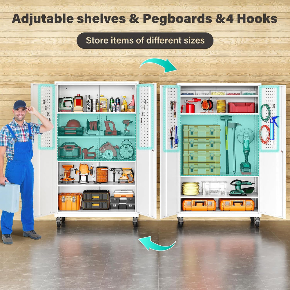 White Wide & Deep Metal Storage Cabinet with Wheels,Tall Rolling Garage S...