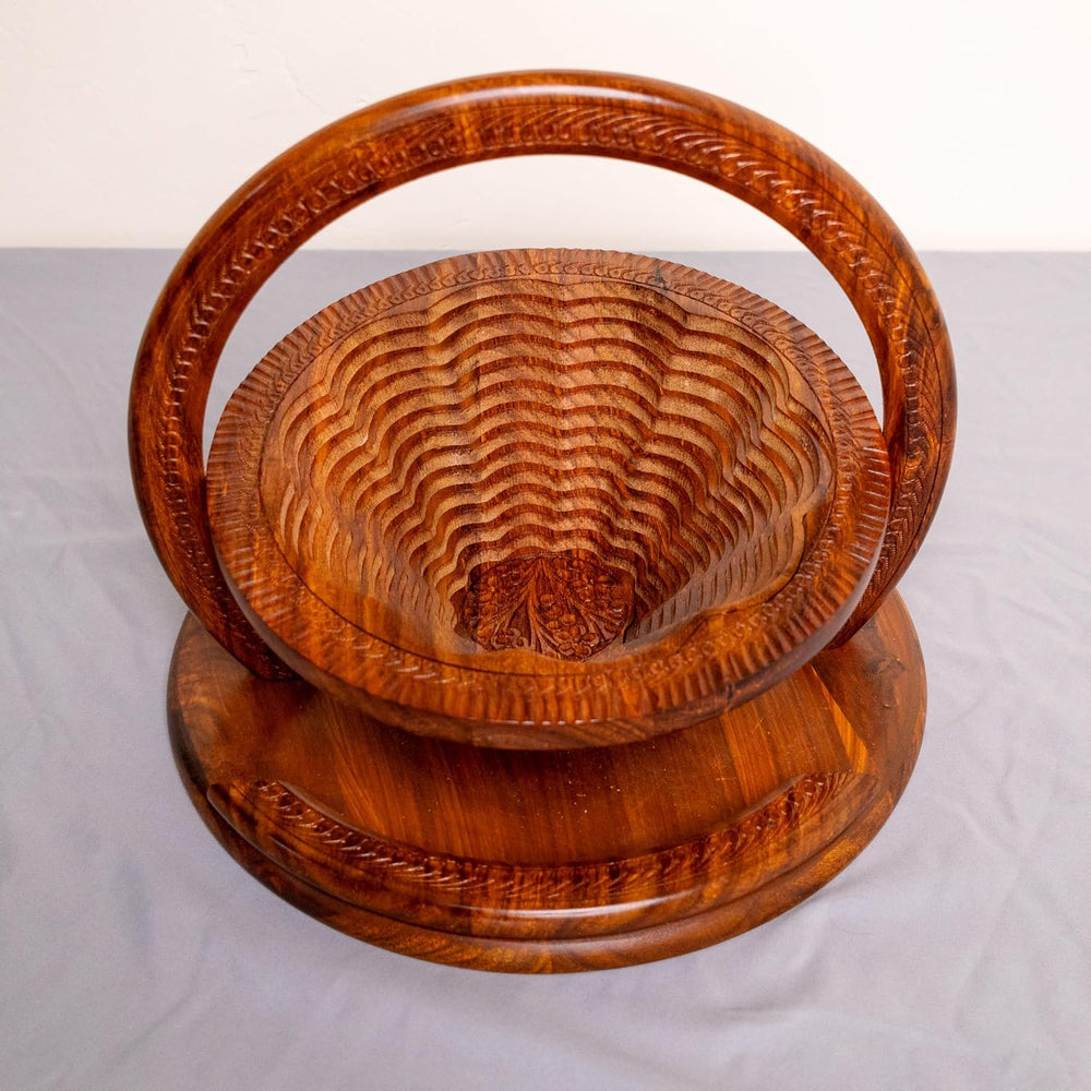 Handmade 12″ Collapsible Wooden Basket, Single Bowl Flower Design in Himalaya...