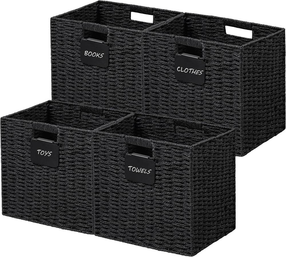 UBBCARE 4 Pack Wicker Basket, 10.5×10.5 Storage Cubes with Label, Foldable Cu...