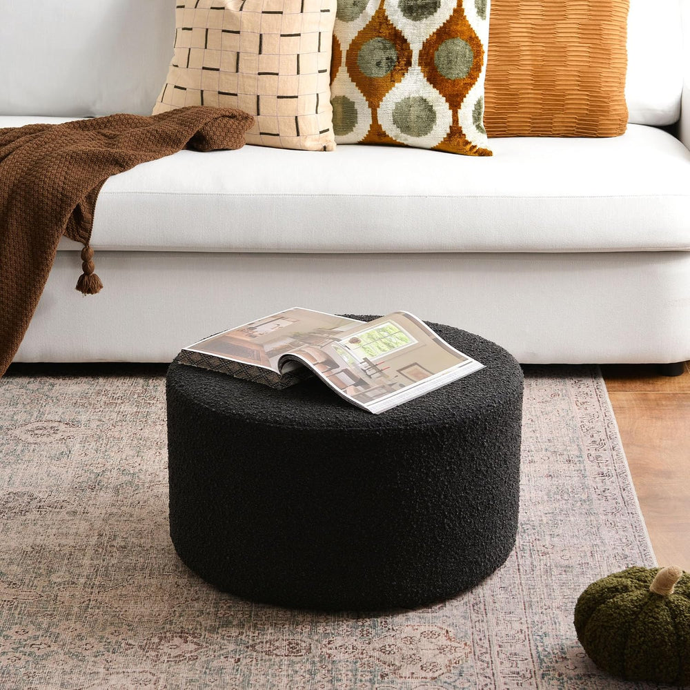 KINWELL Modern Round Boucle Ottoman (24" D x 24" W x 13" H)