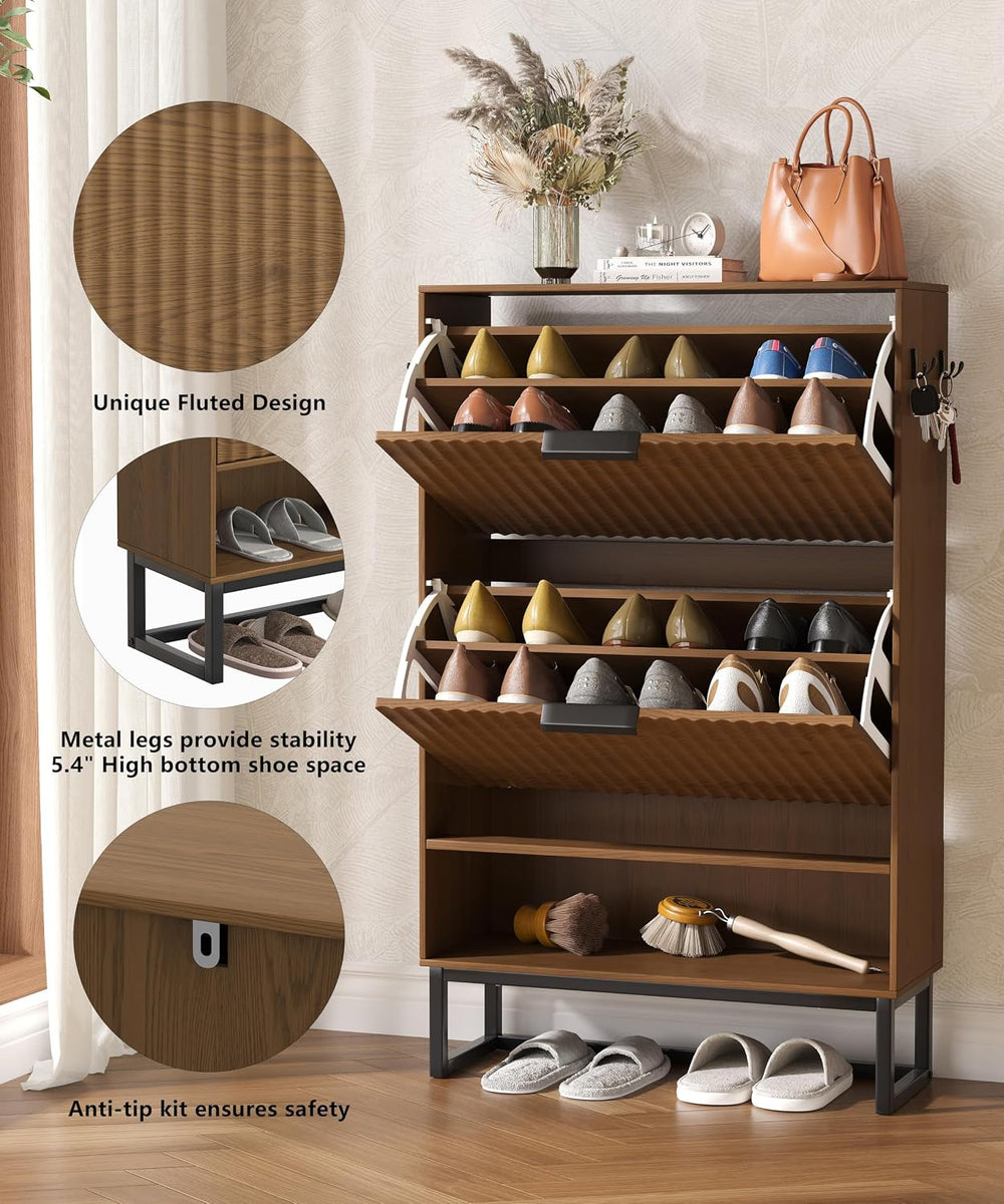 Akxomel Fluted Shoe Storage Cabinet, Narrow Hidden Shoe Rack Cabinet with Met...