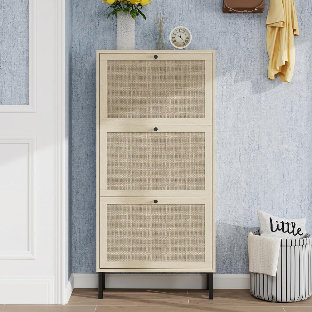 Rattan Shoe Cabinet with 3 Flip Drawer Slim Narrow Shoe Rack Cabinet with Sto...