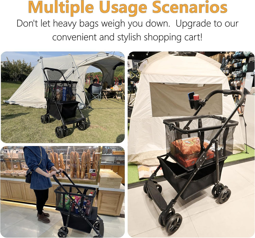 Upgraded Foldable Shopping Cart with Wheels - Heavy Duty Grocery Cart, 80lbs ...