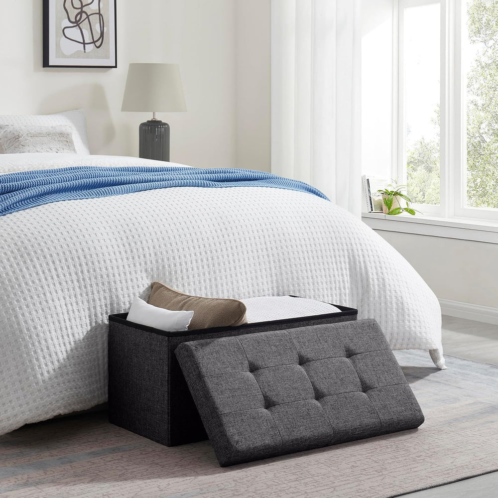 Ornavo Home 30 Inch Folding Storage Ottoman Bench, Tufted Linen, Dark Gray