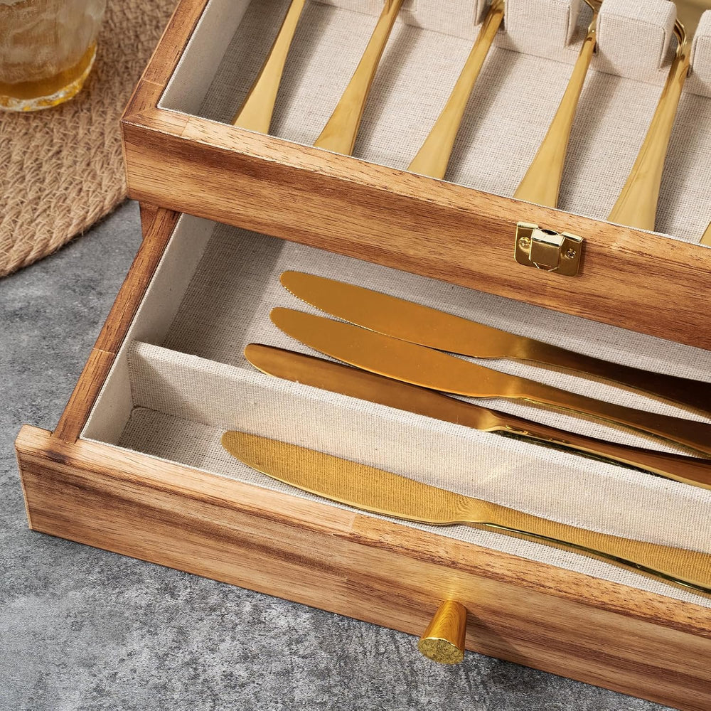 Silverware Box, 2-Layer Wooden Silverware Storage Box with Glass Lid, 14.5×10...