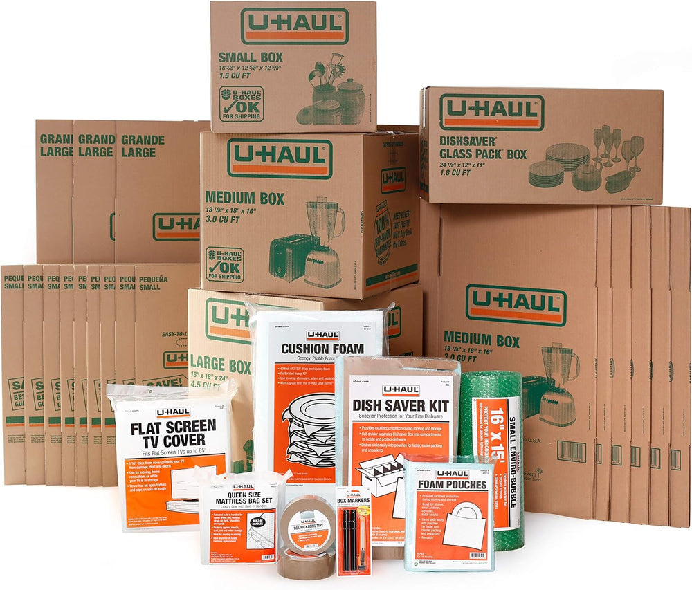 U-Haul Apartment Moving Kit - 21 Boxes, 1 Dish Packing Kit, Foam Pouches, Tap...