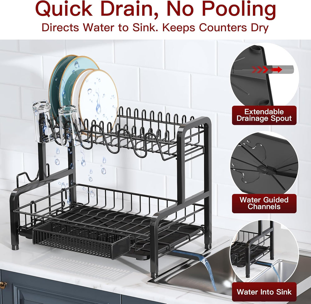 2 Tier Black Stainless Steel Dish Drying Rack for Kitchen Counter