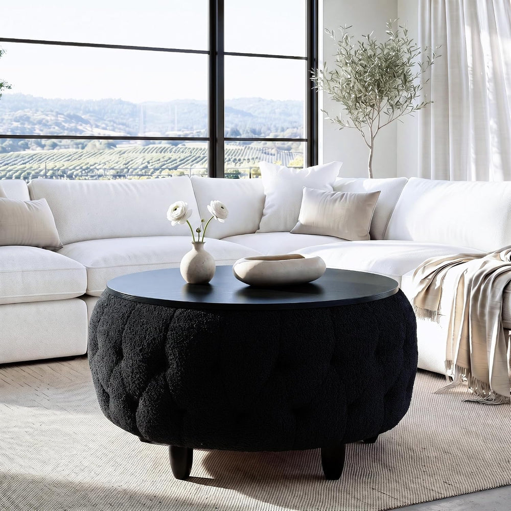 Large Round Storage Ottoman Coffee Table with Wooden Tabletop, 32 Inches Tedd...