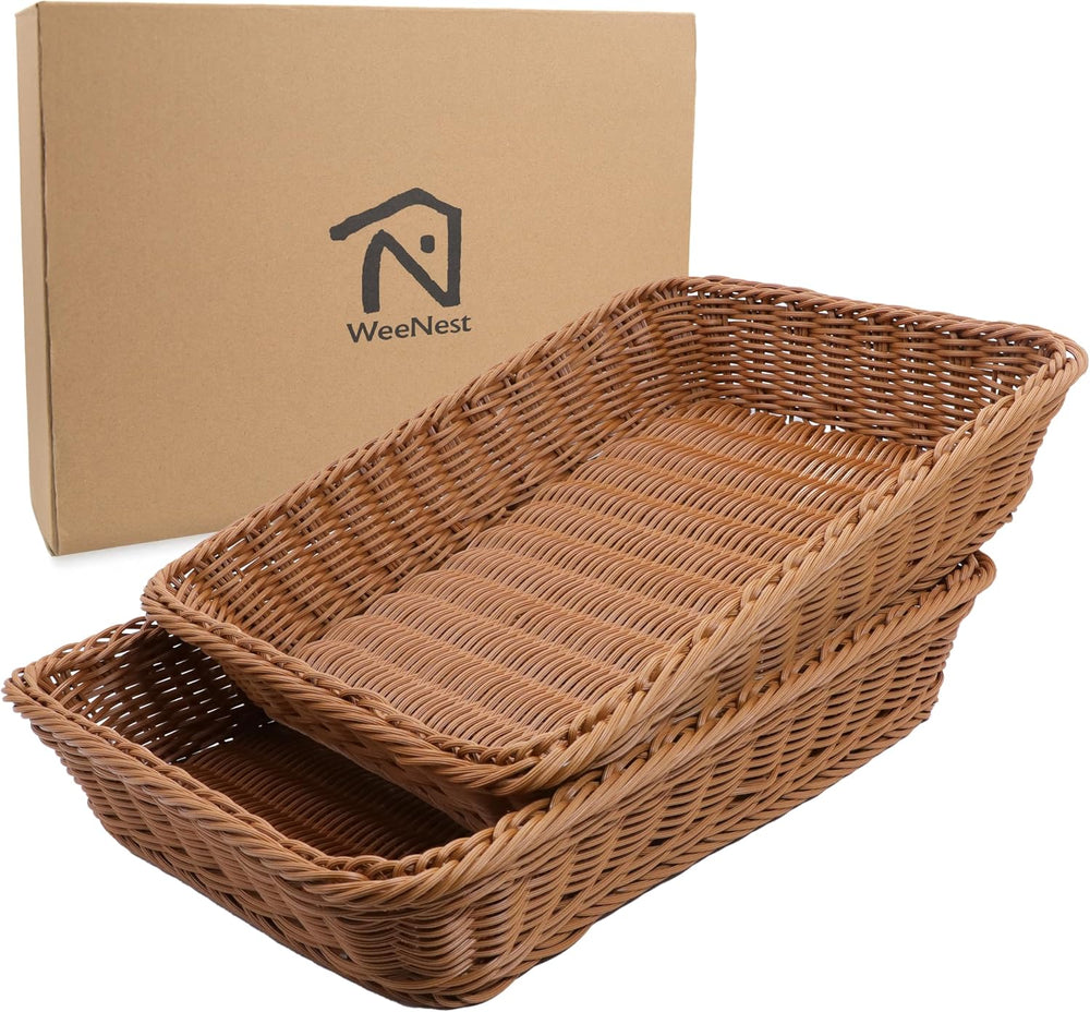 WeeNest Wicker Bread Basket, Rectangle Resin Wicker, 2 pcs, Light Brown
