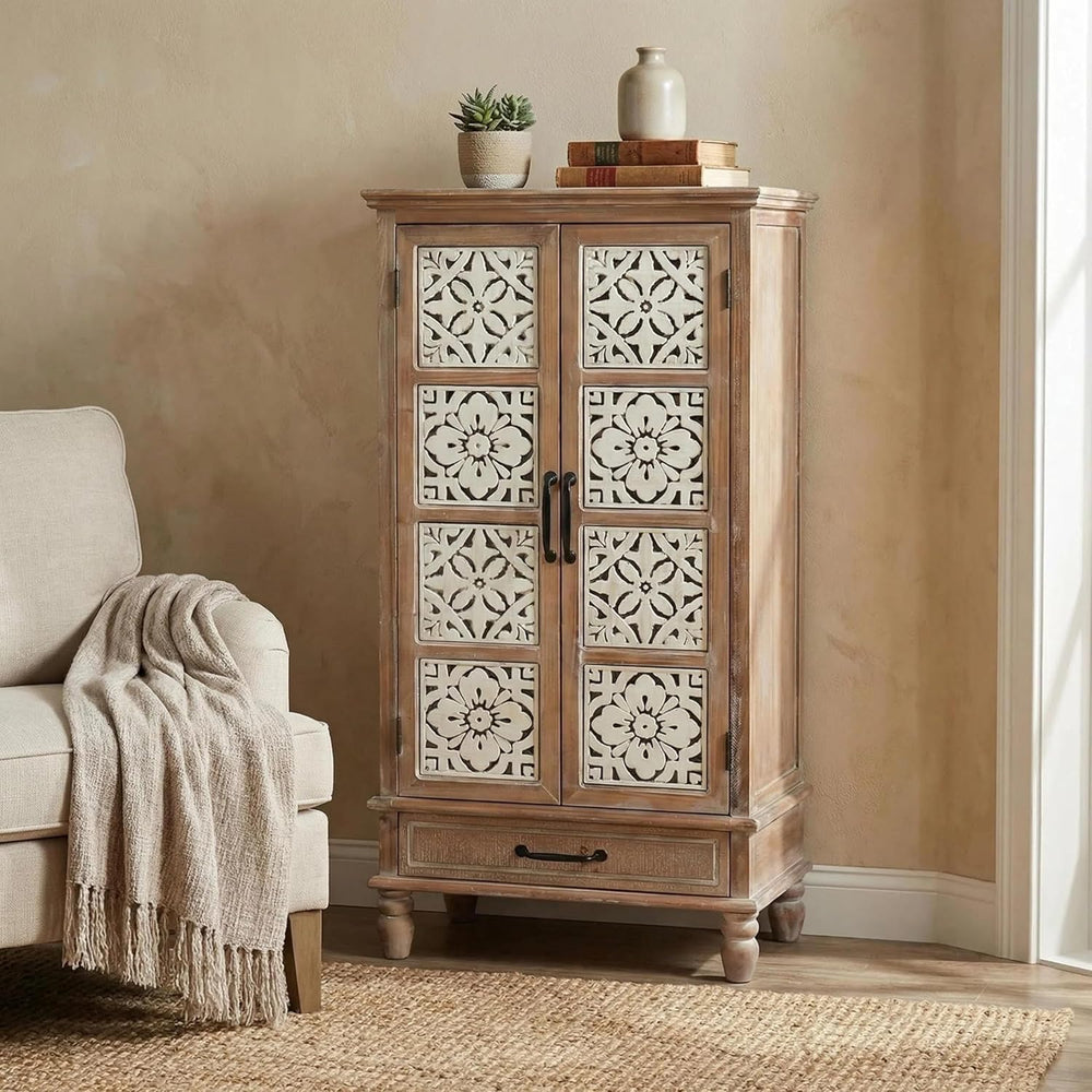 LKTART 55" Tall Carved Accent Cabinet,Solid Wood Sideboards Buffet Cabinet