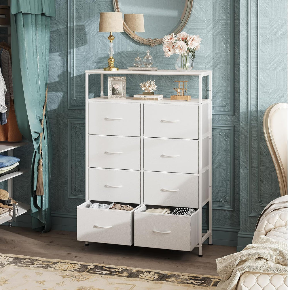 WLIVE 8 Drawer White Fabric Dresser Open Shelves,Tall Storage Tower