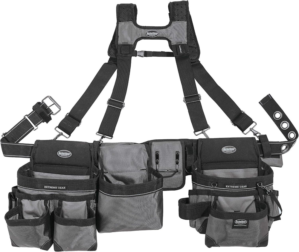 Bucket Boss Mullet Buster 3 Bag Tool Belt with Suspenders in Grey, 55135, Bla...