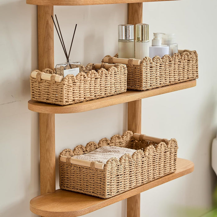 Decorative Basket Set of 3 (Large, Medium, Small), Toilet Paper Storage Basket, Paper Rope Hand Woven Scalloped Basket with Wooden Handles for Organizing, Home Decor, Living Room and Bedroom, Neutral