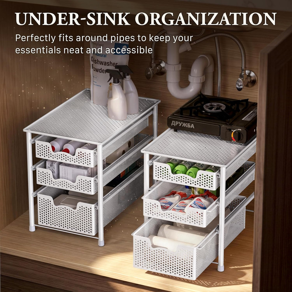Simple Houseware 3 Tier White Alloy Steel Sliding Basket Organizer Drawer Cab...