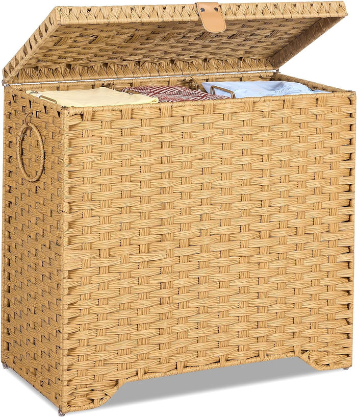 130L Wicker Laundry Hamper with Lid, 3-Section Laundry Basket