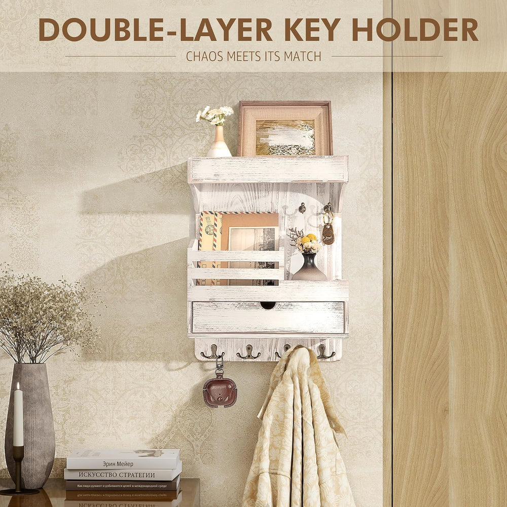 Rebee Vision Key Holder Wall Mount with Drawer for Home Decor, Whitewash