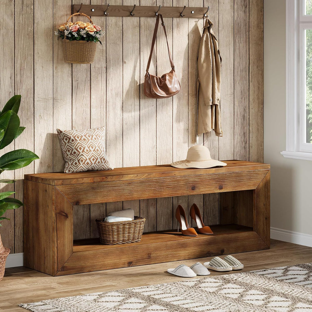 Solid Wood Entryway Bench, 47" Rustic Farmhouse Indoor Bench Seat with S...