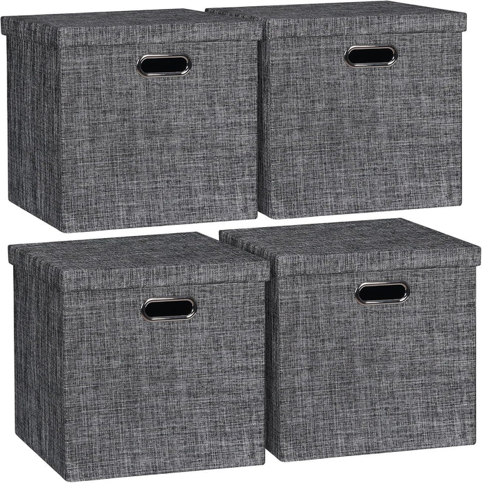 Posprica Storage Bins with Lids,13×13×13 Foldable Storage Cube Baskets Boxes Fabric Drawers for Closet Shelf Cabinet Bookcase,Set of 4,Black