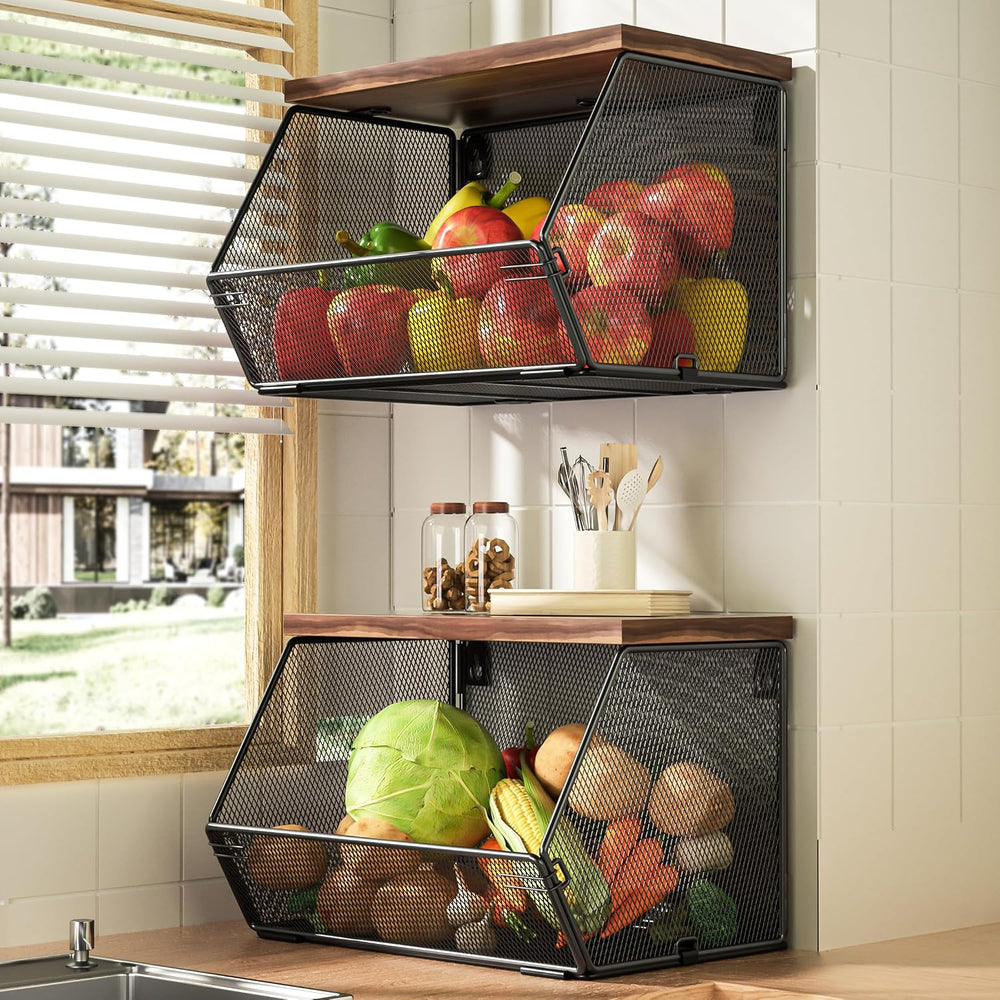 Stackable Fruit Basket for Kitchen Countertop Space Saving, Wall Mounted Mesh...