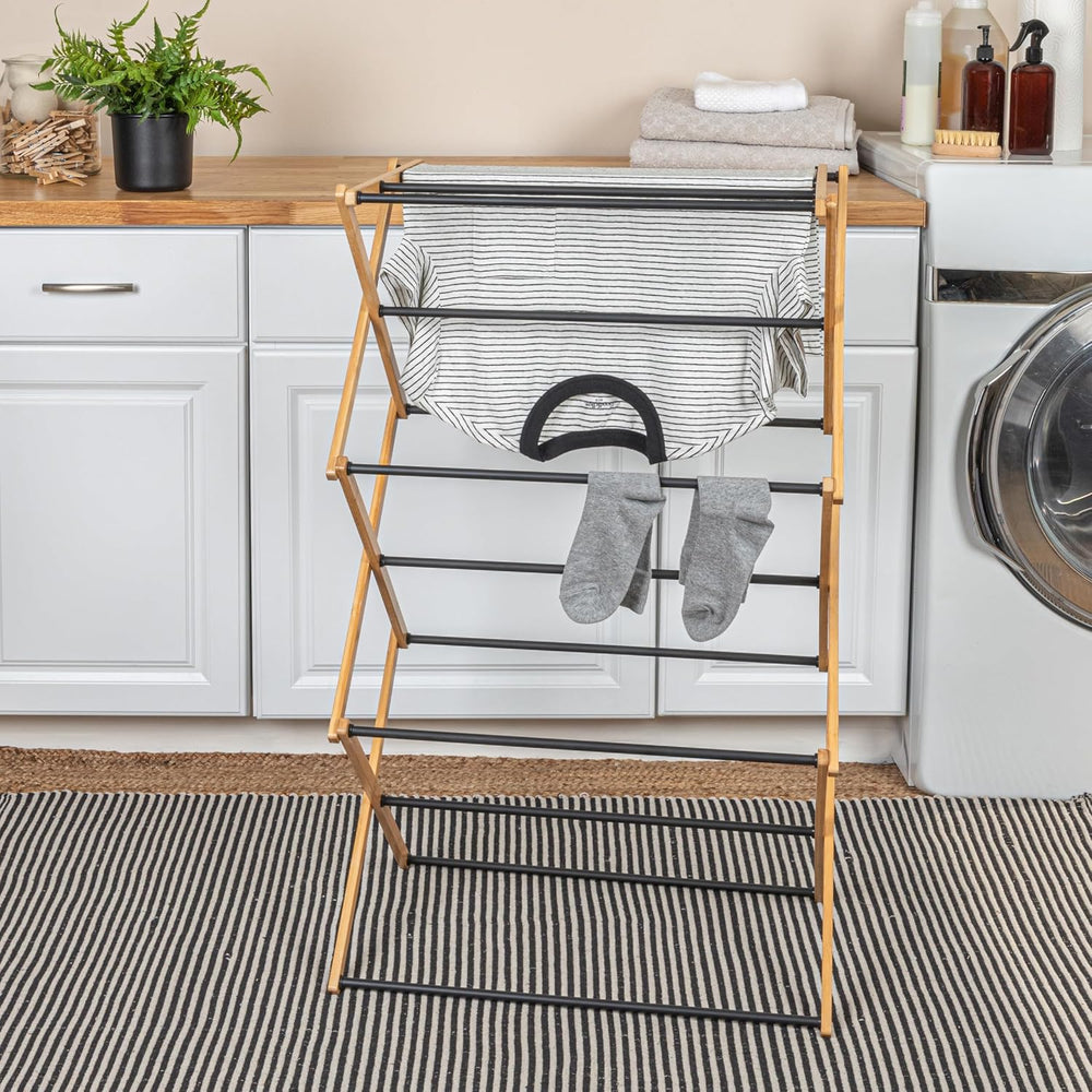 Household Essentials Bamboo Folding Clothes Drying Rack, Compact Upscale Laun...