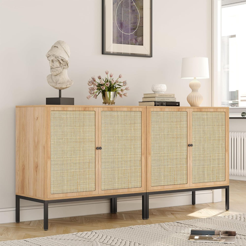 Yechen Set of 2 63" Sideboard Cabinet with Natural Rattan Doors, Buffet ...