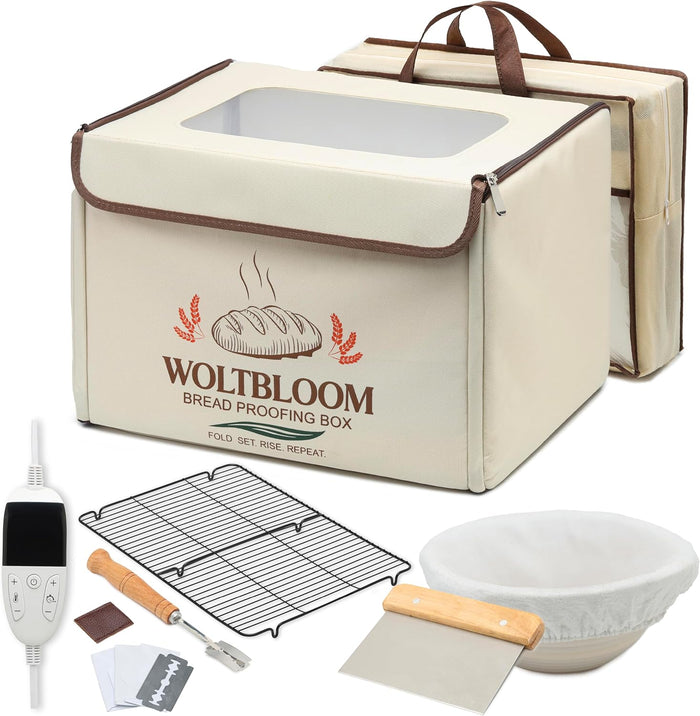 Bread Proofing Box Sour Dough Proofing Box for Sourdough Bread Proofer Warming Box Proofing Oven Yogurt Maker with - 9 Inch Proofer Basket, Lame, Scraper, Metal Rack - Temperature 68-131℉ 99 H Timer