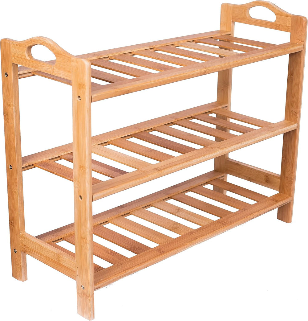 BIRDROCK HOME 3 Tier Free Standing Shoe Rack with Handles | Bamboo | Wood | C...
